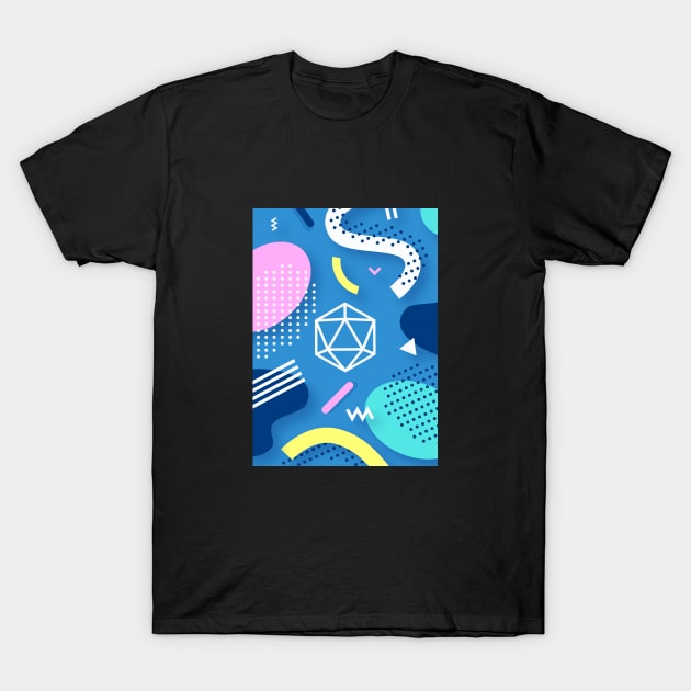 Retro Memphis Blue Polyhedral 20 Sided Dice Tabletop RPG T-Shirt by dungeonarmory